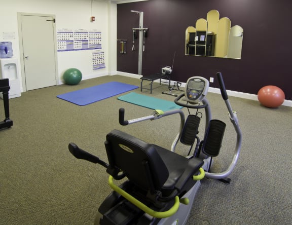a gym with an exercise bike and a yoga exercise ball