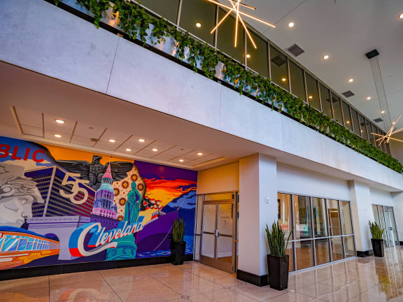 a mural in a lobby of a building