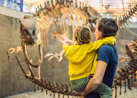 A child in a yellow jacket is pointing at a whale skeleton in a museum.