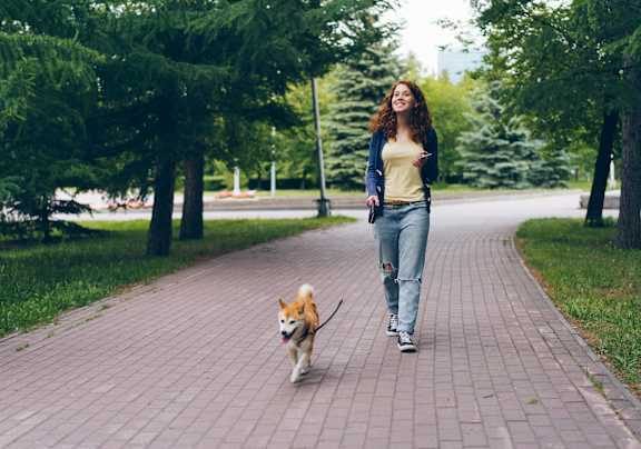 A woman is walking her dog on a paved path in a park.