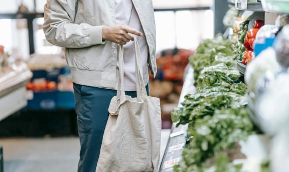 a person holding a shopping bag in a grocery store