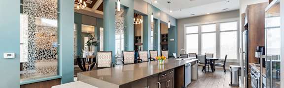 A modern kitchen with a long island in the middle.