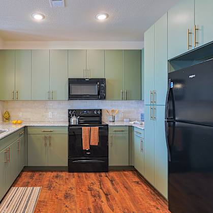 A kitchen with black appliances and green cabinets.