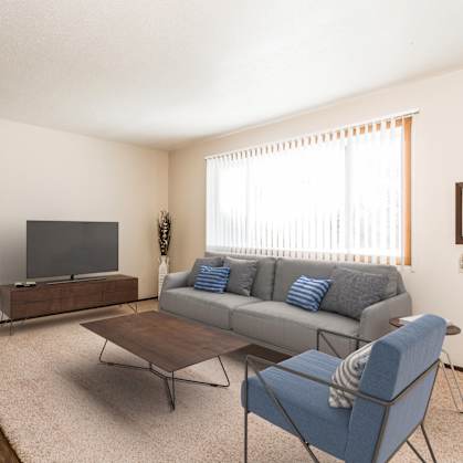 a living room with a couch and a chair and a television  at Riverwood, Minnesota, 56716