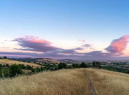 A trail winds through a grassy field.