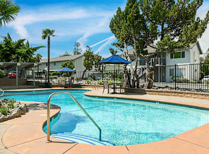 A swimming pool surrounded by a fence and trees.