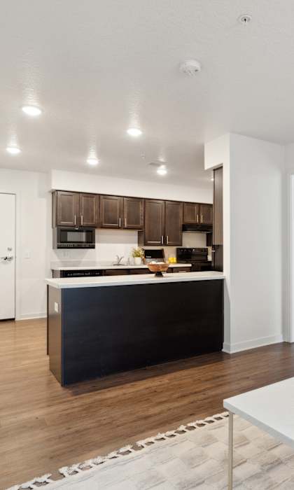 a living room and kitchen with a couch and a table