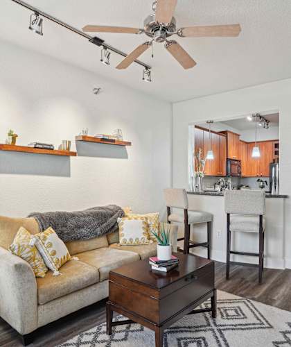 A living room with a couch, a coffee table, and a ceiling fan.