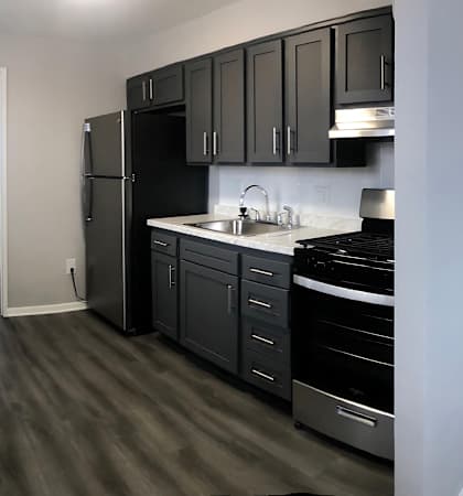 a kitchen with black cabinets and a stove and a sink