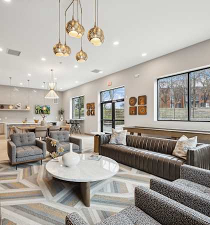 a living room with couches and chairs and a fireplace
