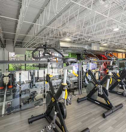 A gym with a variety of exercise equipment.