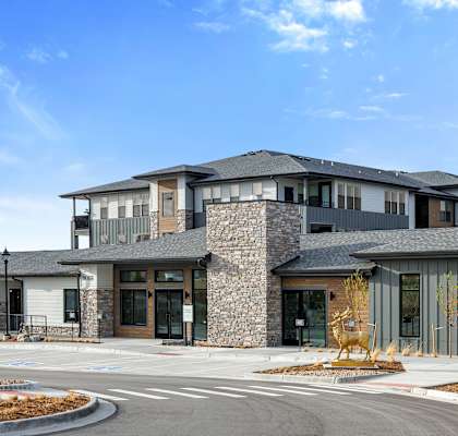 A modern building with a stone facade and a curved driveway in front.