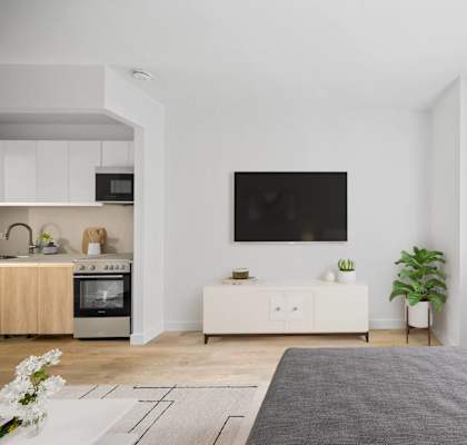 A modern living room with a grey rug and a flat screen TV mounted on the wall. at Aria, New York, 10038