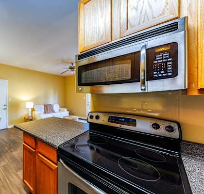 A modern kitchen with a black stove top oven and a black microwave above it.