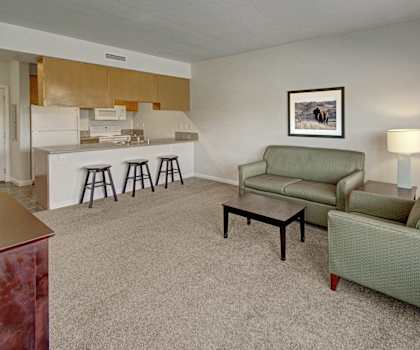 The living room with a couch, coffee table, decorations, and a view of the kitchen at Confluence at Harvest Hills. 