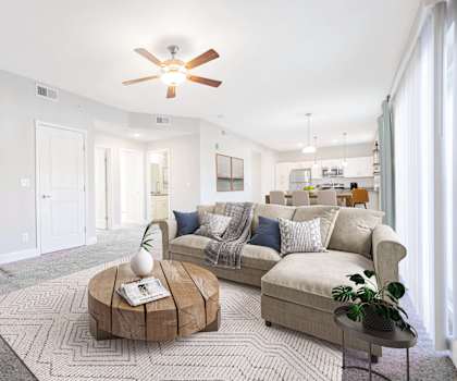 A living room with a couch, a coffee table, and a ceiling fan.