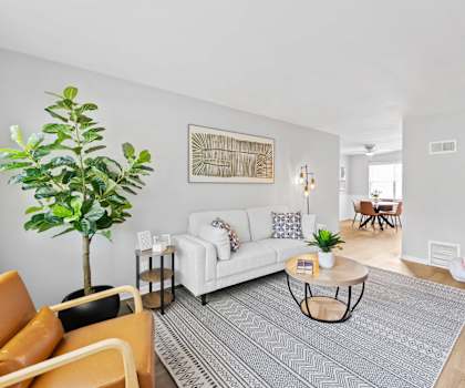 A living room with a white couch, a coffee table, and a potted plant.