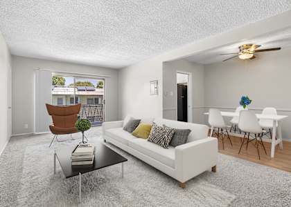 A living room with a white couch, a brown chair, and a glass table with a plant on it.
