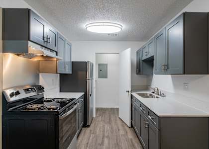 A kitchen with black cabinets and stainless steel appliances.