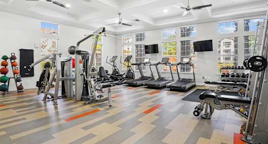 the gym has plenty of exercise equipment and windows