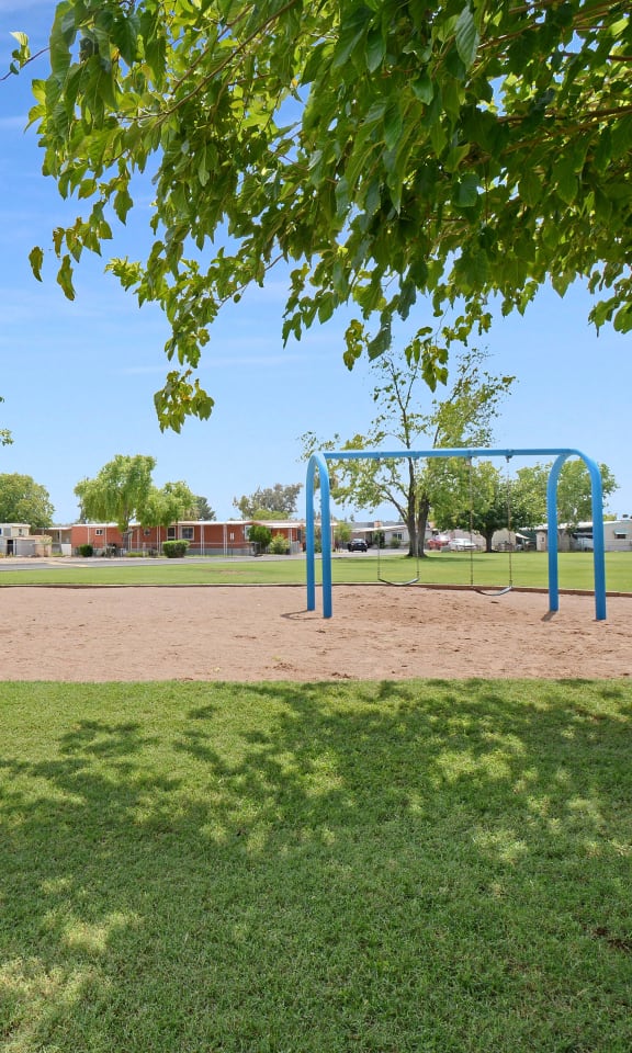 Belaire's playground area includes monkey bars and a swing set. It is surrounded by a grassy field area and a number of trees.