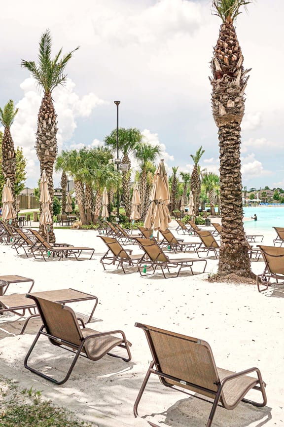 a beach with lounge chairs and umbrellas