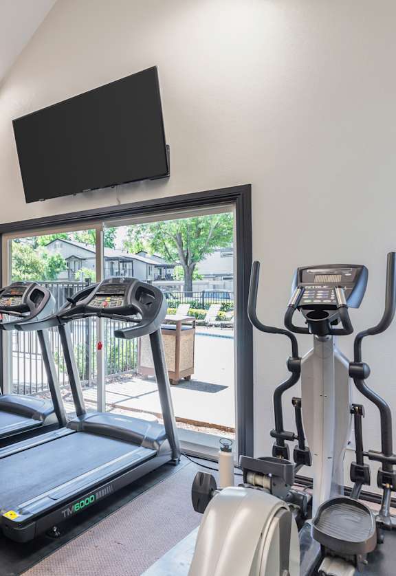 A gym with treadmills, exercise bikes, and a television.