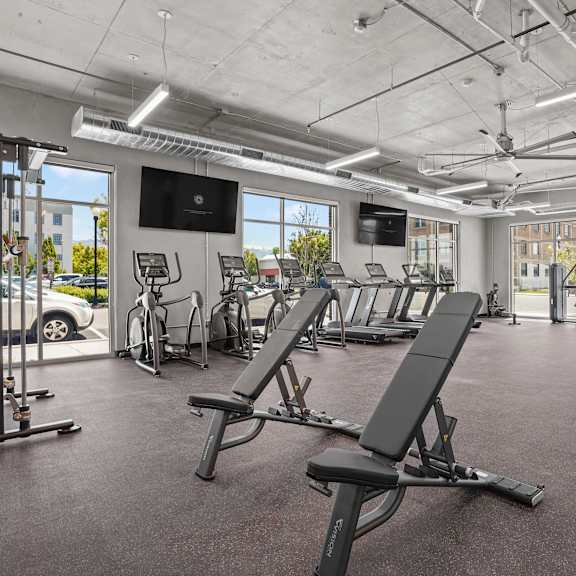A gym with a row of treadmills and a television mounted on the wall.