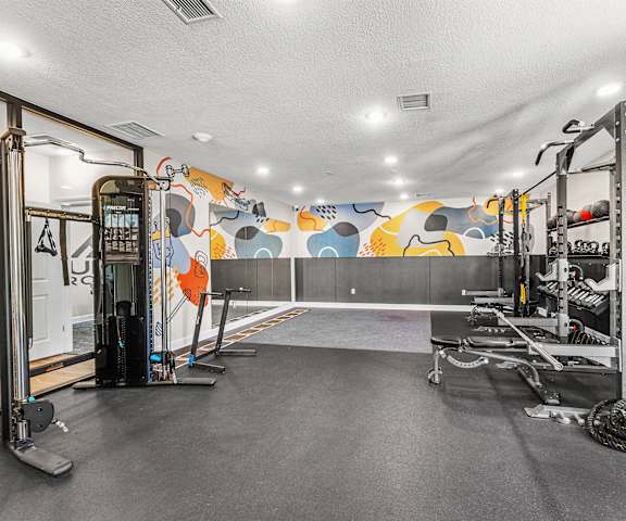 A gym with a variety of equipment including a squat rack, bench press, and a rowing machine.