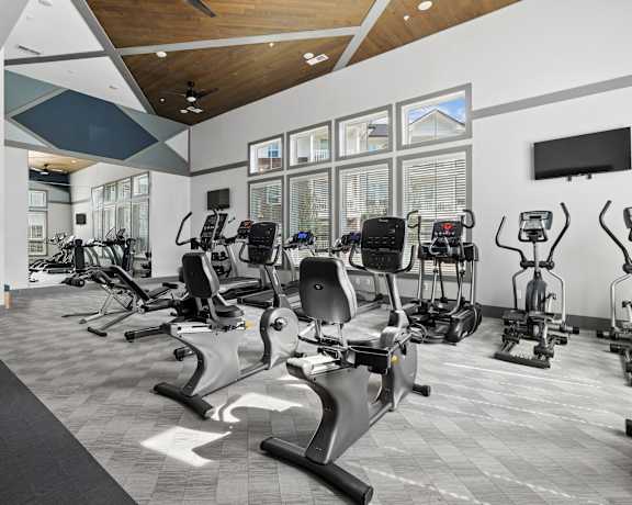 A gym with a variety of exercise equipment including treadmills, stationary bikes, and weight machines.