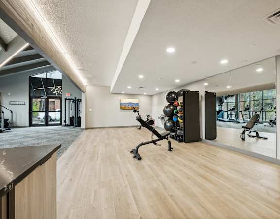 the exercise room is equipped with cardio equipment and a mirrored wall