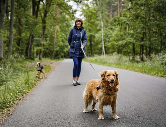 A woman walking a dog on a leash in a wooded area.