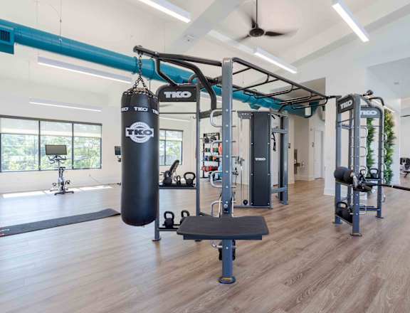 A gym with a punching bag and weightlifting equipment.