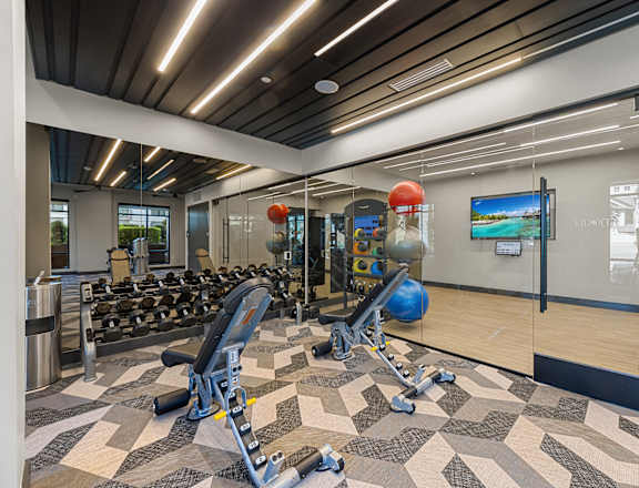 A gym with a variety of equipment including treadmills, weights, and exercise balls.