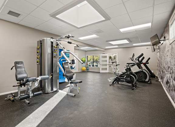 A gym with a variety of equipment including a treadmill, weights, and a stationary bike.