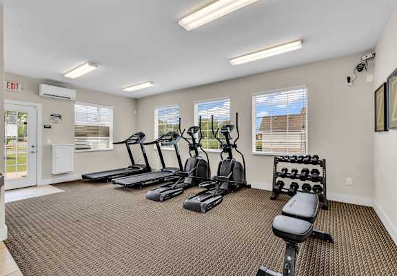 A gym with treadmills, elliptical machines, and dumbbells.