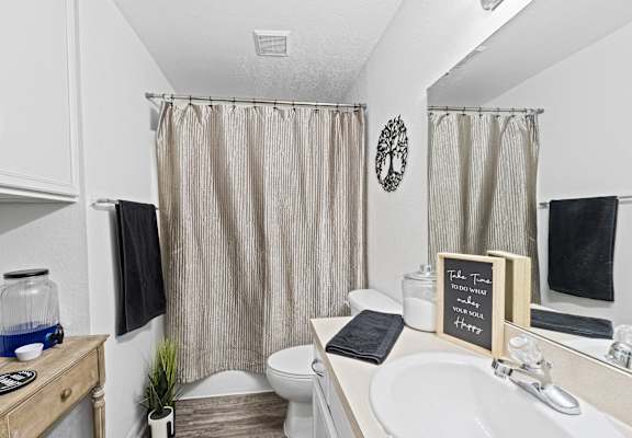 a bathroom with a shower curtain and a sink and a toilet