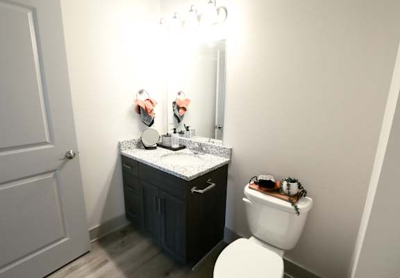 A bathroom with a toilet, sink, and mirror.