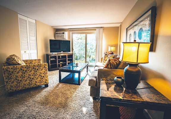a living room with a couch and a table and a television