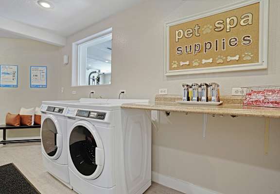 A pet spa supplies sign is on the wall above a counter.