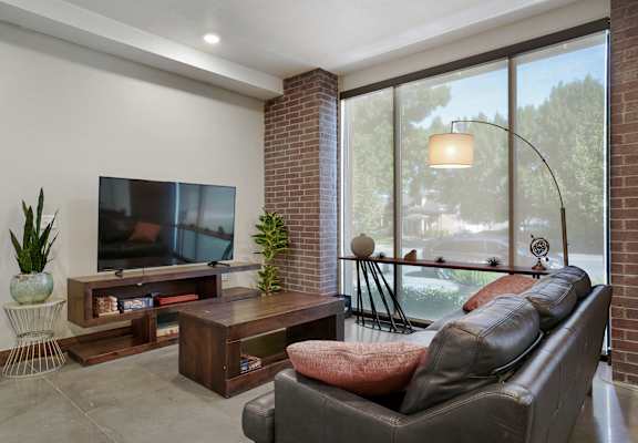A living room with a couch, a television, and a plant.