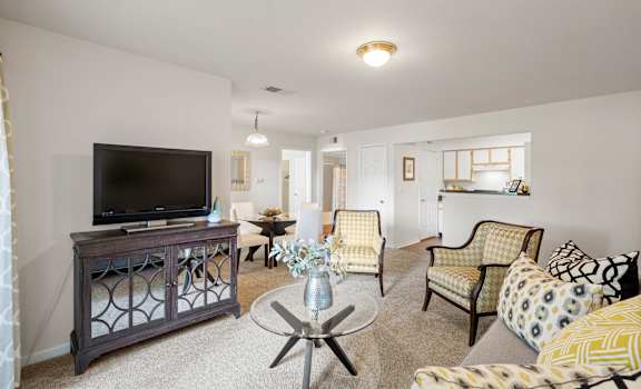 a living room with couches and chairs and a flat screen tv