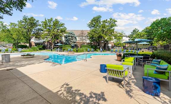 A sunny day at the pool with blue water and green trees.