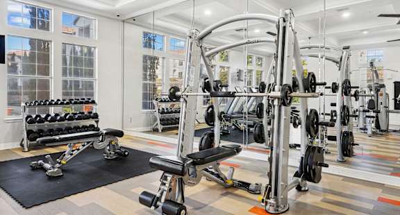 a home gym with weights and cardio equipment and windows at La Ventura Apartments, Texas