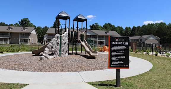 A playground with a slide and a sign that says "playground rules".