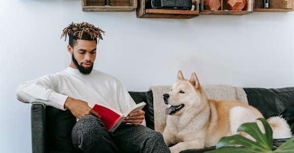 A man with dreadlocks is reading a book while sitting next to a Shiba Inu dog on a black couch.at Hills on 36, Edmonton, AB