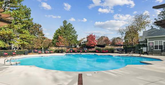 A large swimming pool surrounded by trees and a fence.