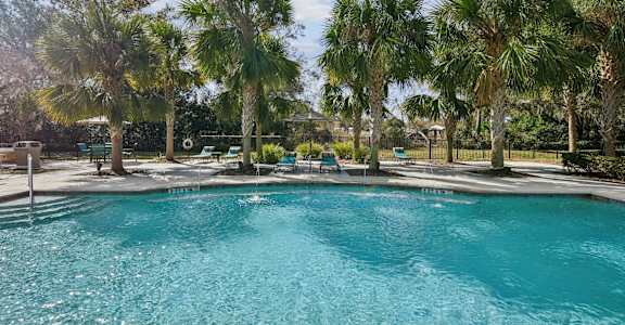 Summerset Affordable Apartments A swimming pool surrounded by palm trees.