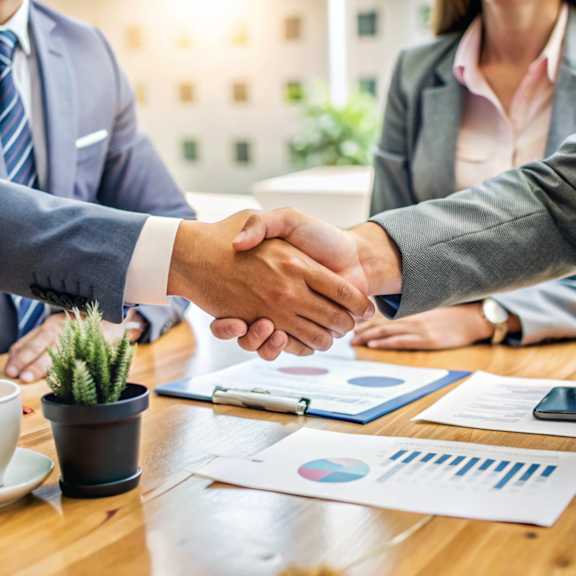 Two people shaking hands over a table with documents and a smartphone.