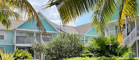 A pathway leads through a landscaped area in front of a row of houses.